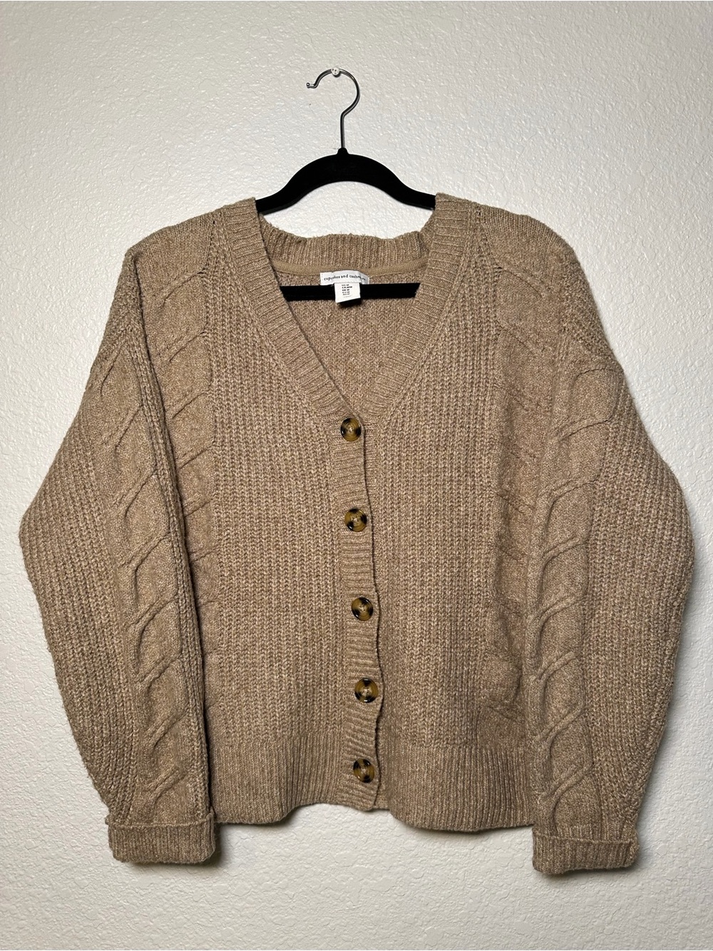 Cupcakes & Cashmere// Taupe Cable knit button front cardigan sweater - Size M